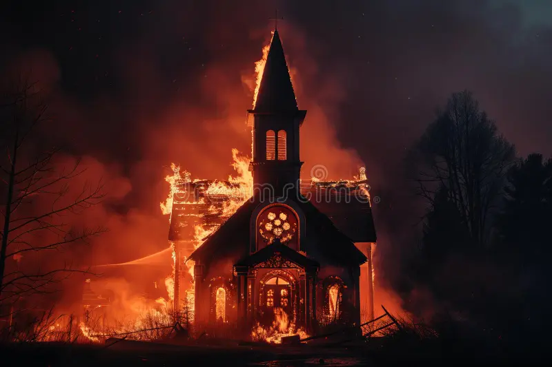 Nighttime shoot of a wooden chapel engulfed in flames with camera cranes in foreground